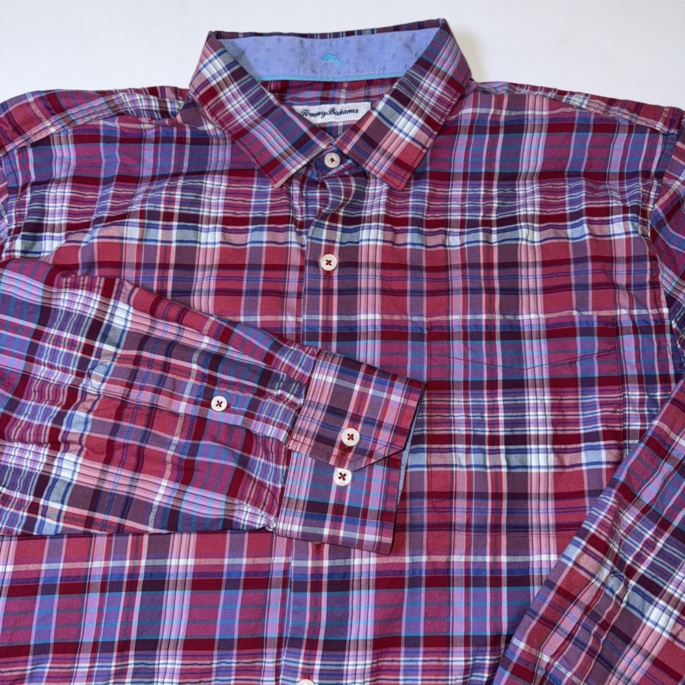 Tommy Bahama Mens XL Plaid Button Down‎ Shirt Red Purple Silk Blend Long Sleeve